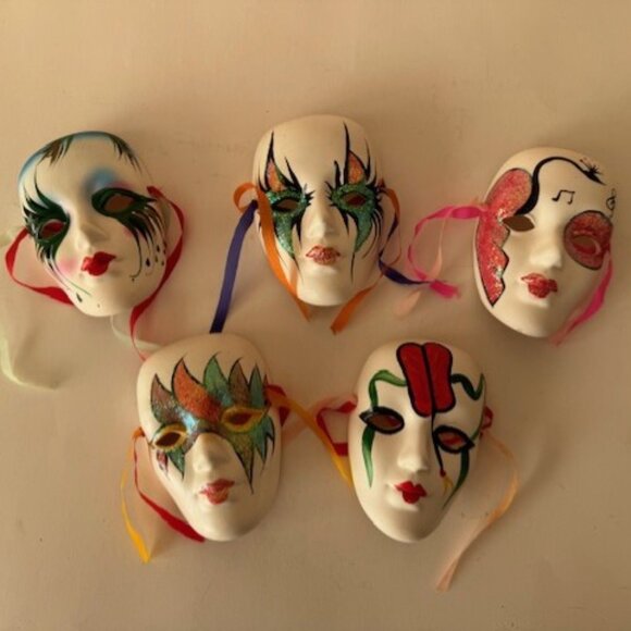 Set of 5 ceramic Mardi gras masquerade style masks. Wall hanging art. Music